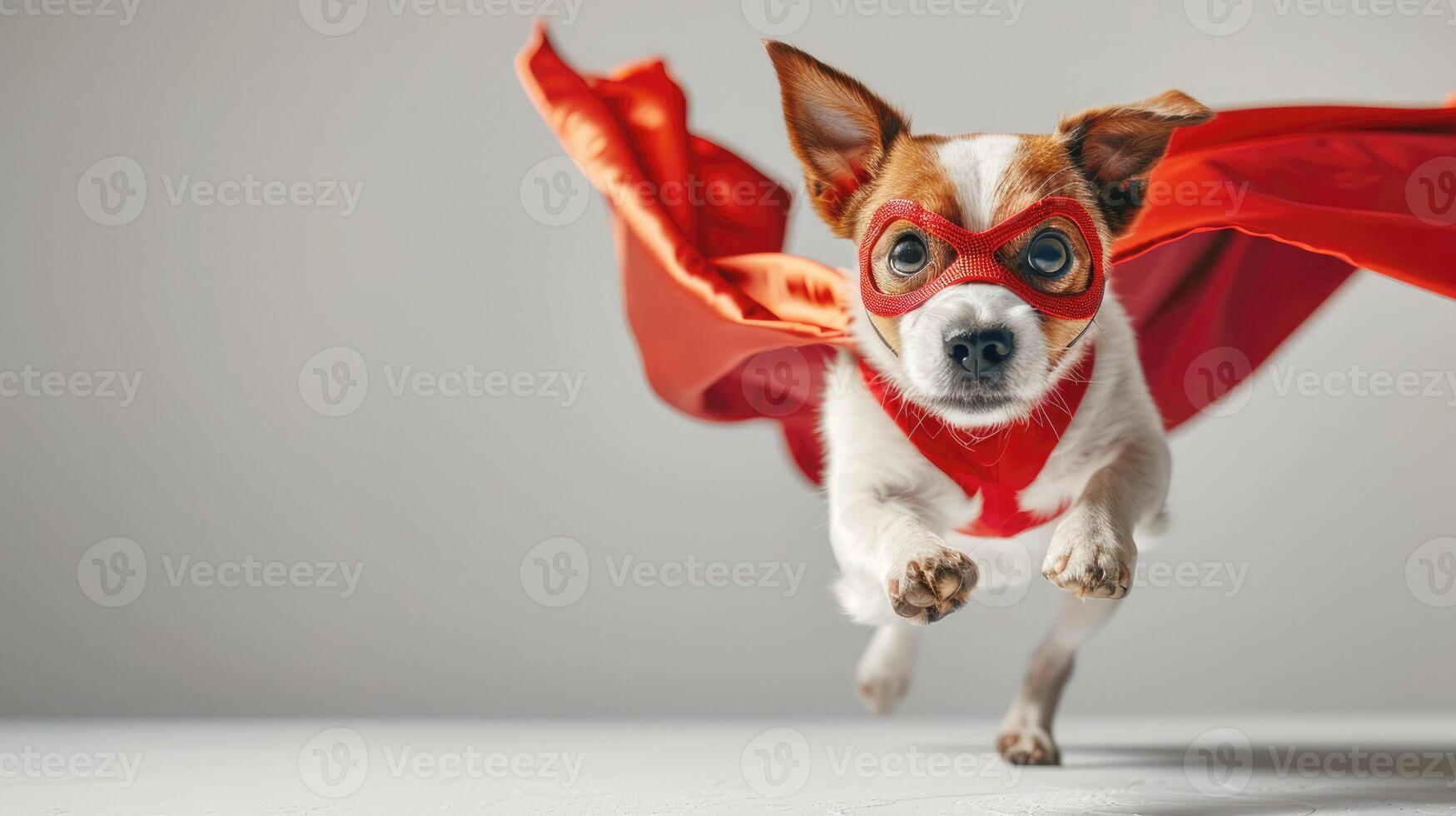 Jack Russell dog dressed as a superhero, wearing a red cape and mask, jumping and flying on a white background with space for text. Superdog, leader, and funny animal concept captured photo