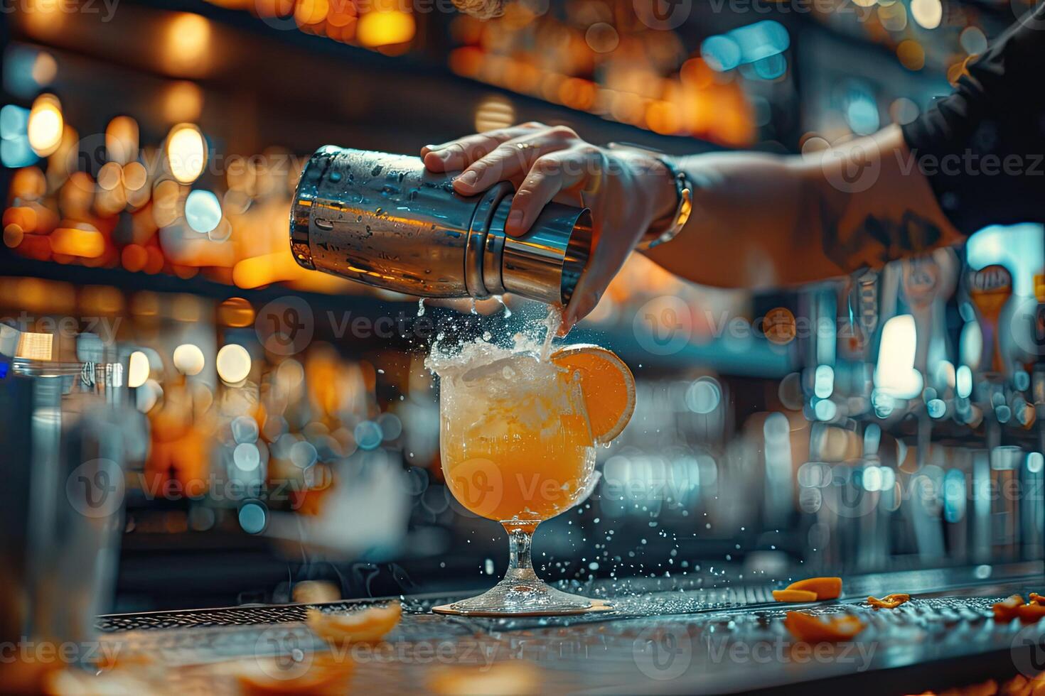 the bartender pours a cocktail from a shaker into a glass, creating a splash effect. Warm bar lighting and blurred background. Ideal for nightlife and drink related themes. photo