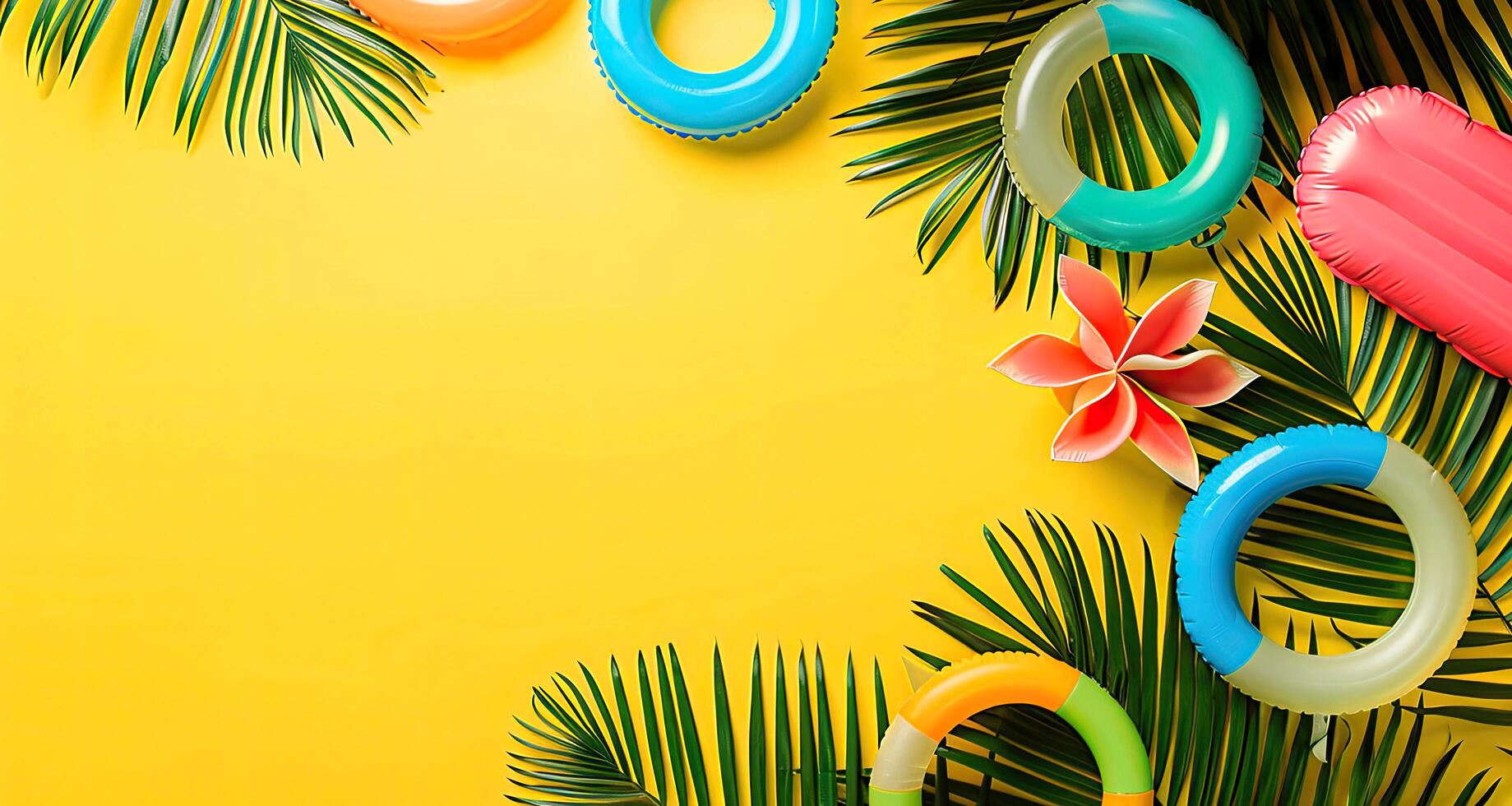 summer, attractive advertising template, poster, flyer with copy space. Bright inflatable rings, air mattress with tropical palm leaves on a yellow background. photo