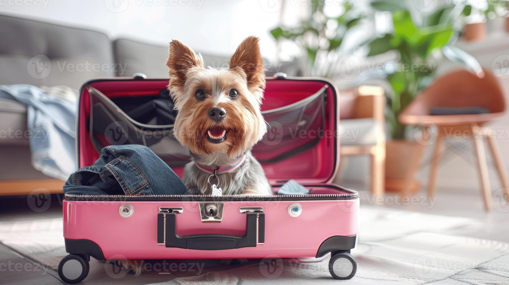 funny Yorkshire Terrier dog is ready for travel, weekends and vacations sitting in an open pink suitcase. Pet traveler in an open suitcase, luggage in the middle of the living room photo