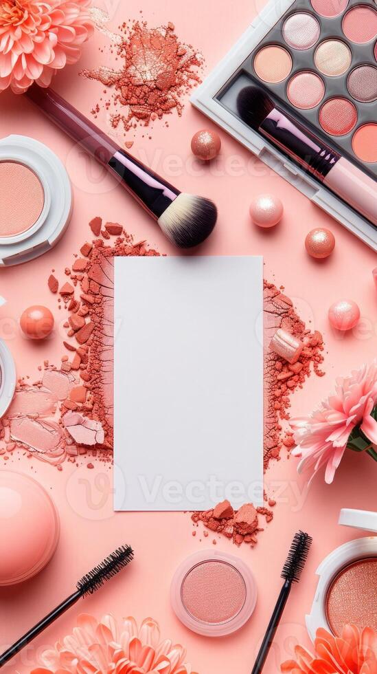 Decorative cosmetics. Eye shadow, face powder, and makeup brushes on peach background. Ideal for advertising promotions, flyers, and discounts for cosmetics stores. Vertical banner with copy space. photo