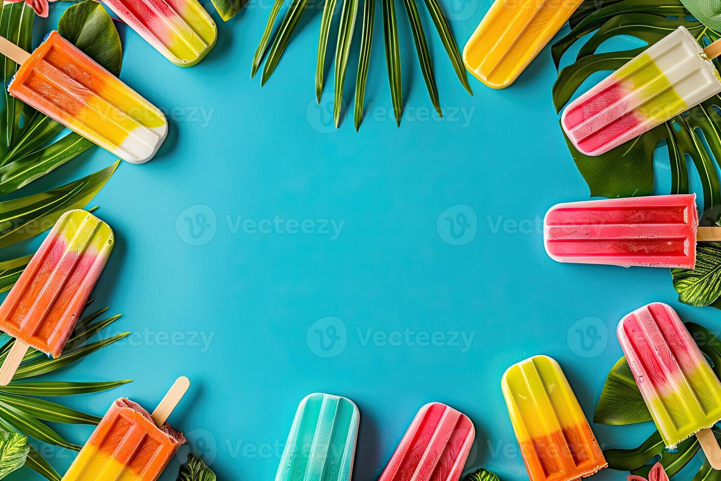 Summer background with copy space, colored ice cream, popsicle, tropical palm leaves. Blue banner for advertising, discounts, sales, promotion, advertising photo