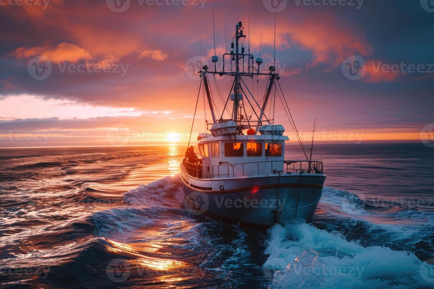 A fishing trawler sailing in open waters at sunset. The boat goes out to the open sea for fish in the rays of the dawn sun. Fishing industry photo