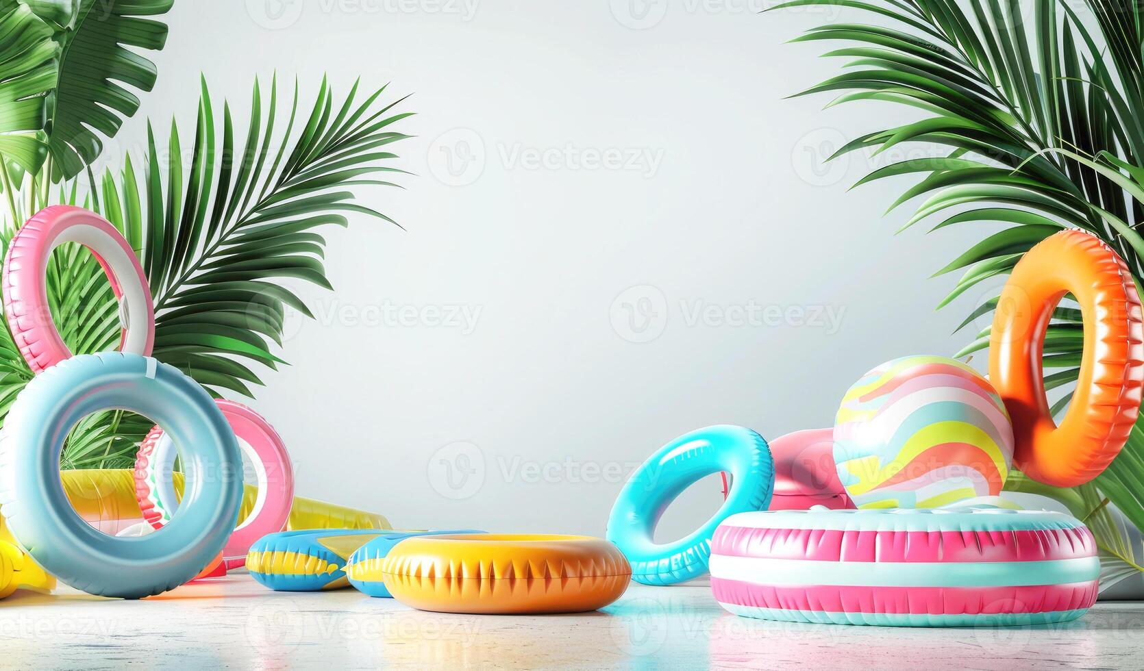 summer template for promotions and discounts, advertising template, poster, flyer with copy space. Bright inflatable rings for the pool, with tropical palm leaves on a white background. photo