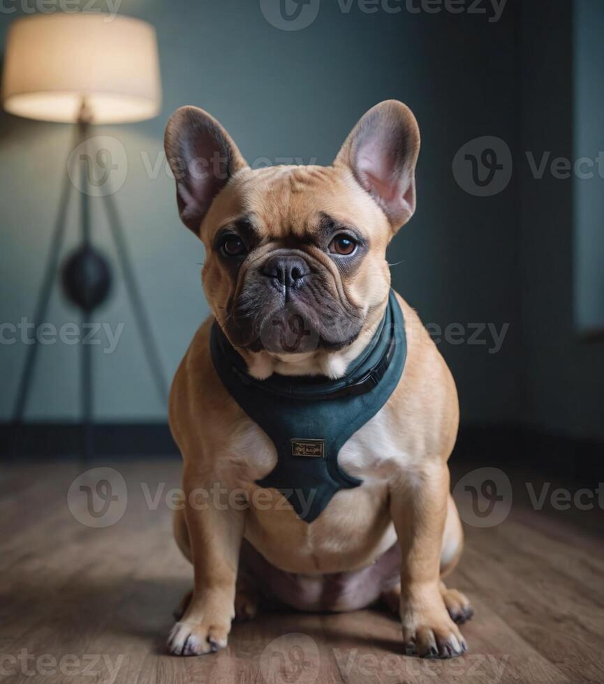 Fawn French Bulldog With Dog Harness Sitting for Portrait Photography photo