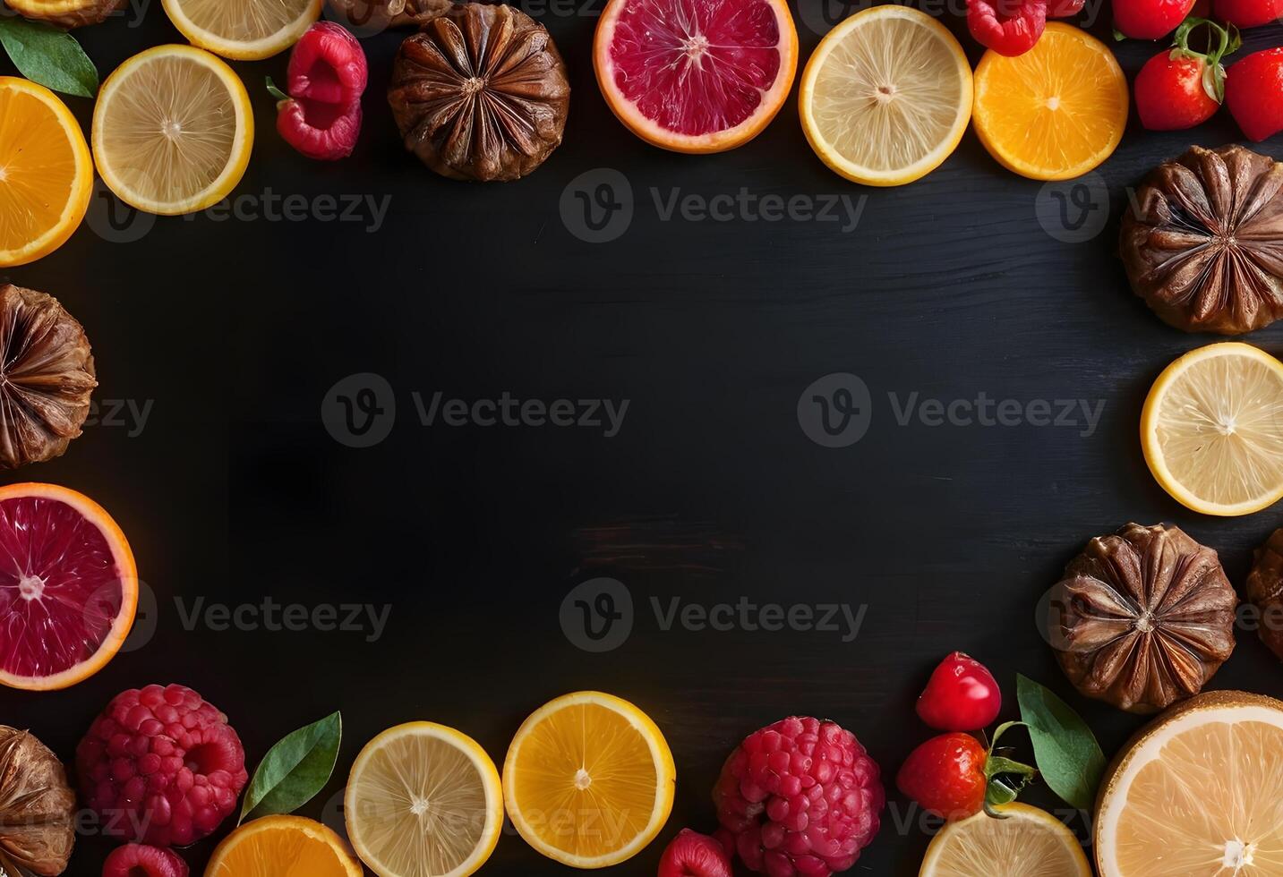 Fruit and Vegetables Frame on Black Background photo