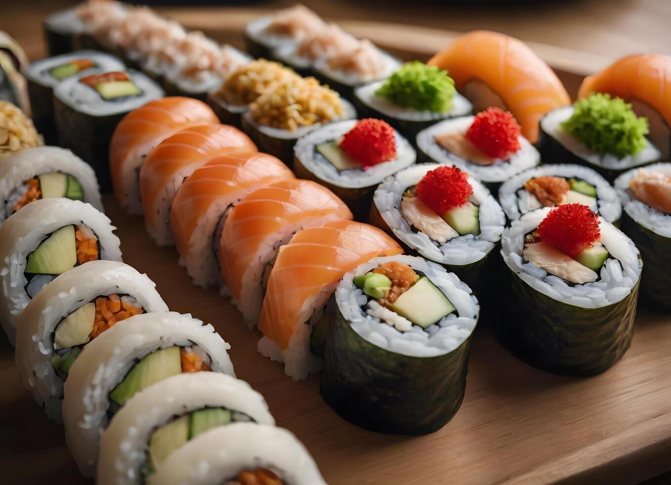 Sushi Rolls With Salmon Are Arranged on a Wooden Tray photo