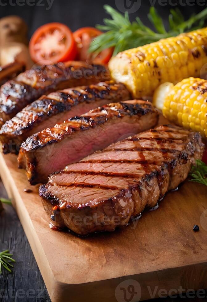 Grilled Steak With Corn and Tomatoes on a Wooden Cutting Board photo