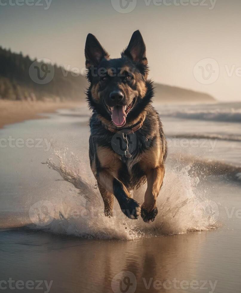 A German Shepherd Dog Running Through the Water on the Beach photo