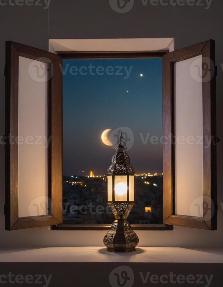 Lantern and Crescent Moon View Through the Window photo