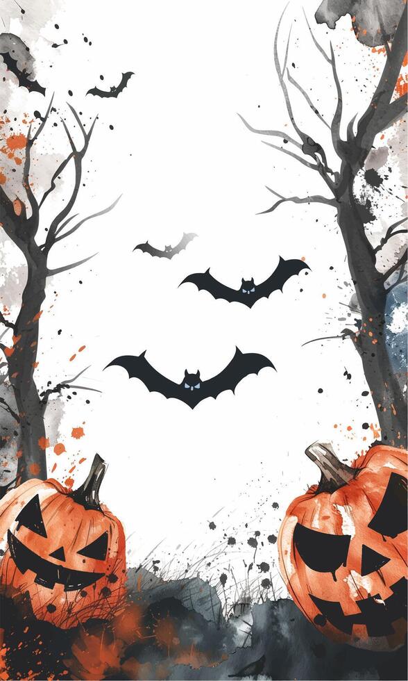 Halloween background with pumpkins, bat. Watercolor halloween illustration. vector
