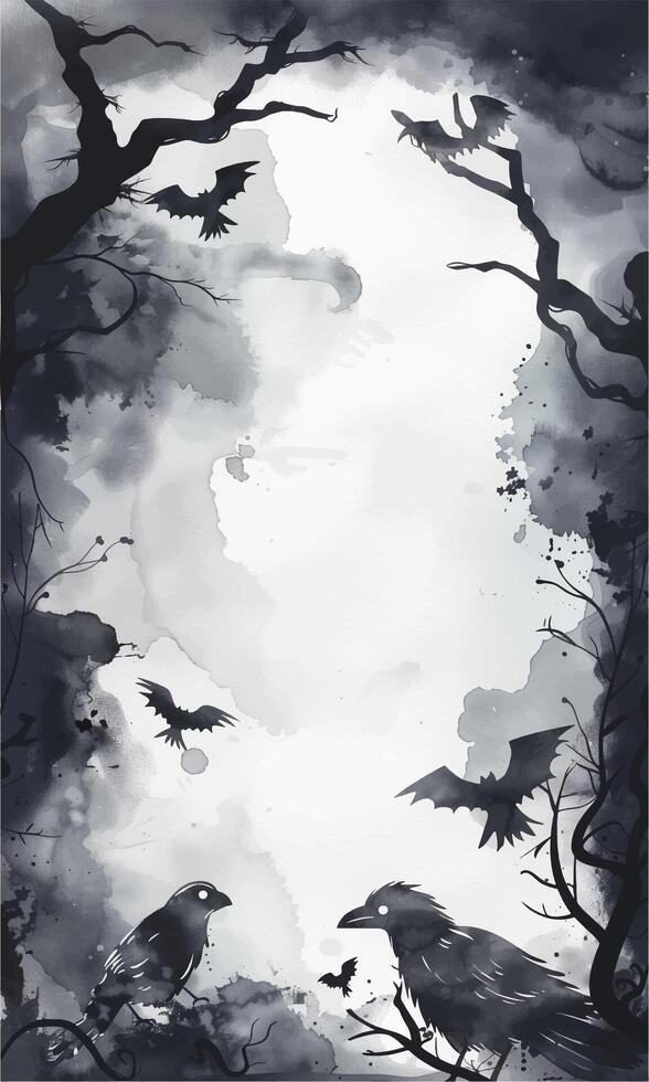 Monochrome halloween background with bats and crows. Watercolor halloween frame, template. vector