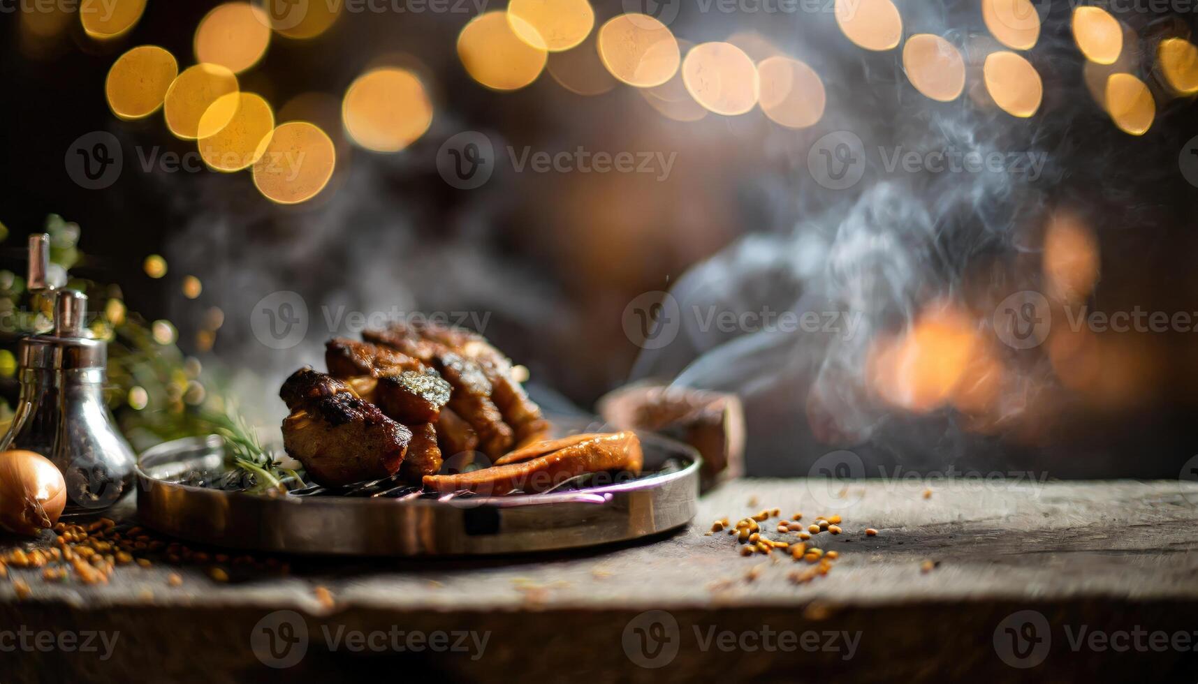 Copy Space image of Barbecue grilled and sliced wagyu Rib Eye beef meat steak on a plate with smoke on bokeh background. photo
