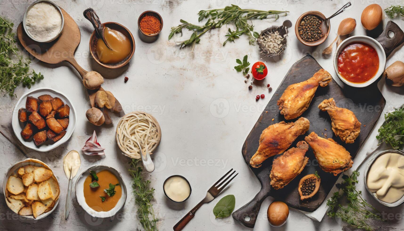 Copy Space image of Breaded chicken drumstick, leg, wing and breast tenders strips. Dark Wooden background. photo