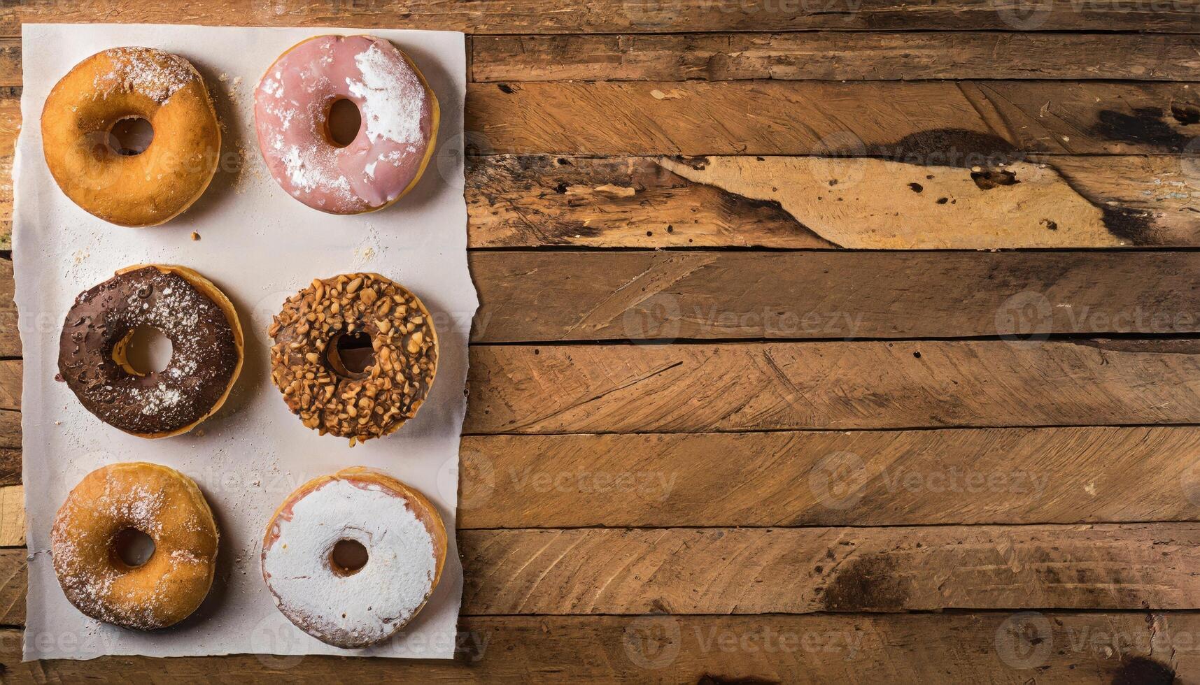 Copy Space image of Variety of donuts over a rustic background shot from overhead photo