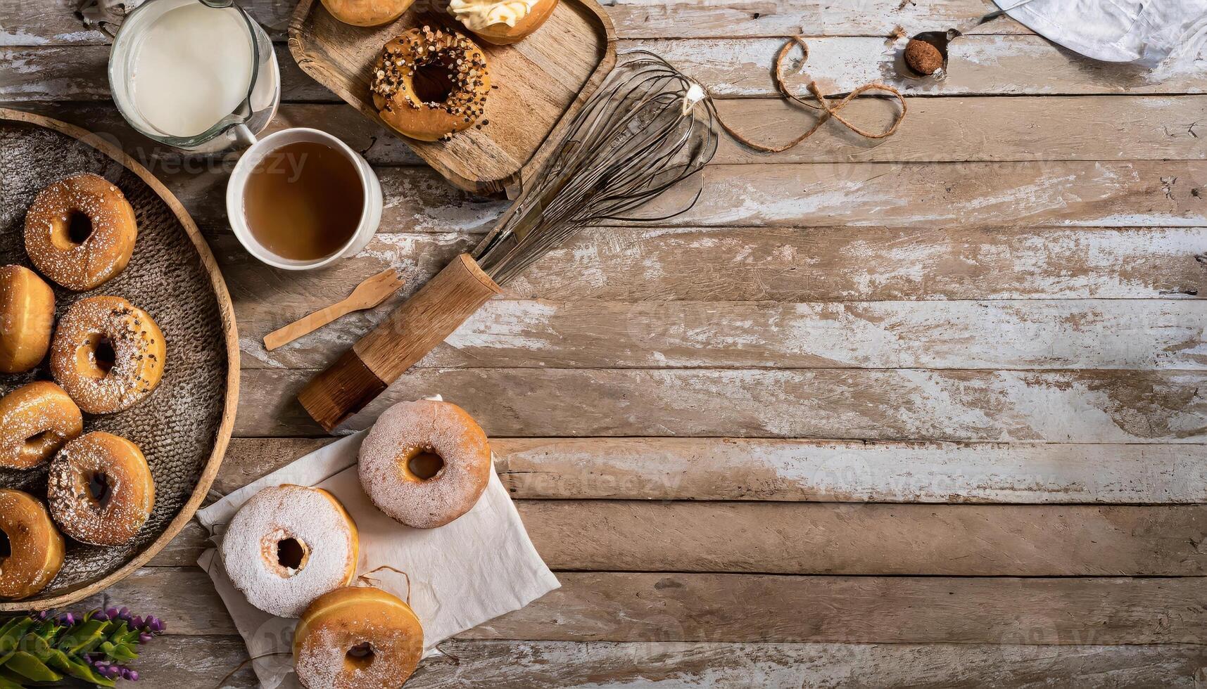 Copy Space image of Variety of donuts over a rustic background shot from overhead photo