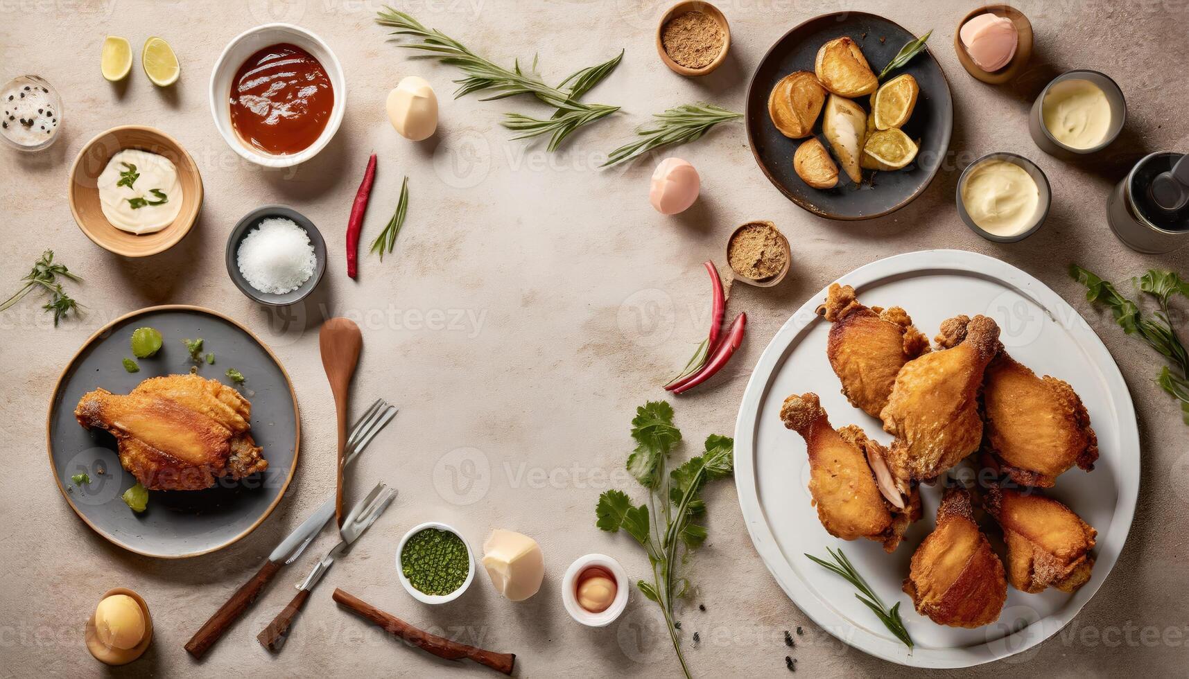 Copy Space image of Breaded chicken drumstick, leg, wing and breast tenders strips. Dark Wooden background. photo
