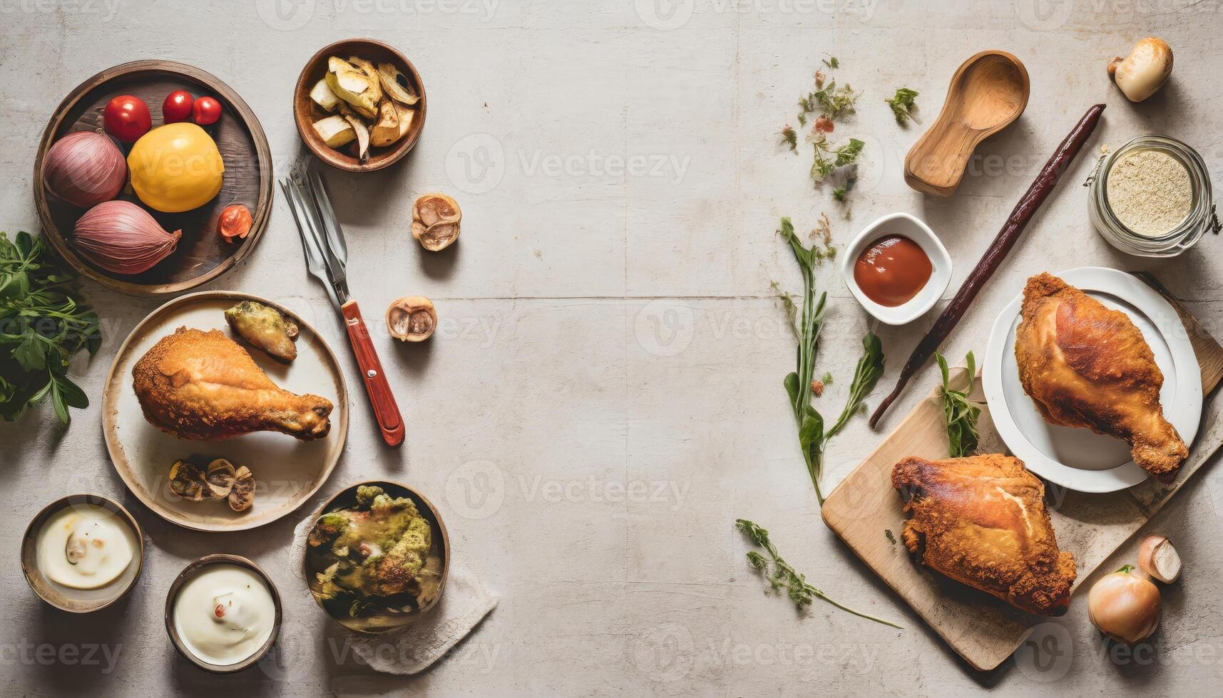 Copy Space image of Breaded chicken drumstick, leg, wing and breast tenders strips. Dark Wooden background. photo