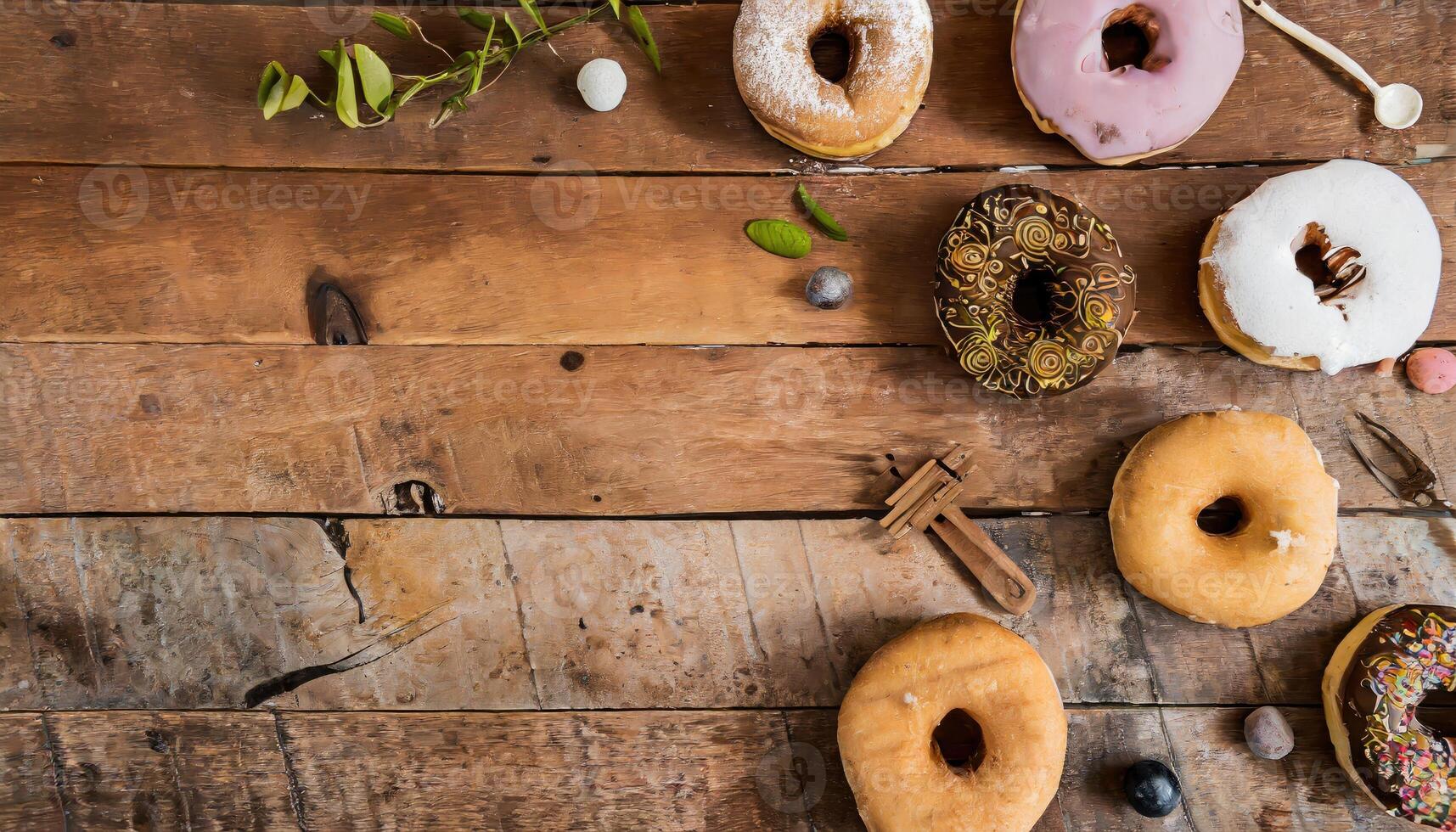 Copy Space image of Variety of donuts over a rustic background shot from overhead photo