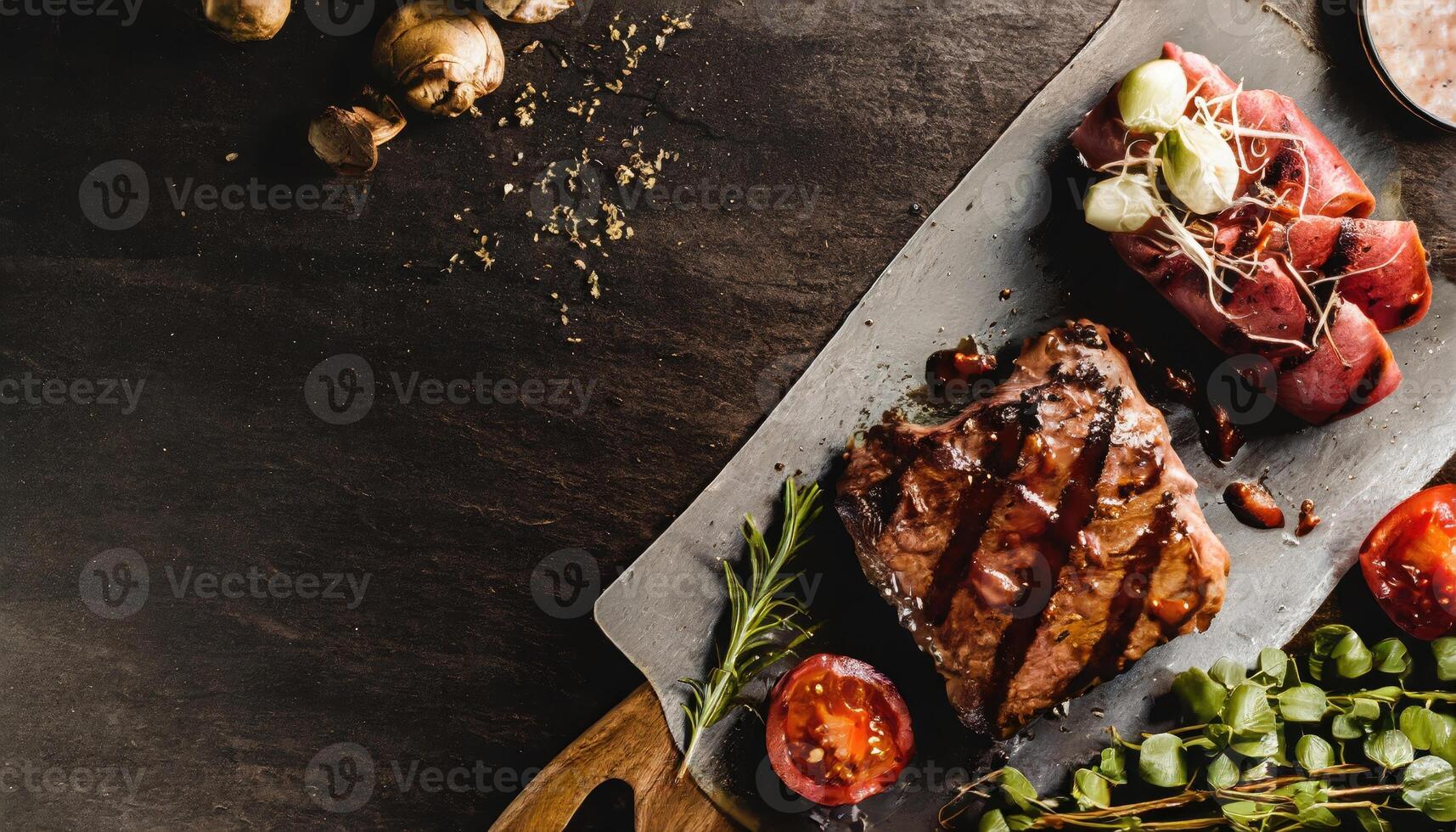 BBQ Grilled rib eye steak, fried rib eye beef meat on a plate with green salad. Dark background. photo