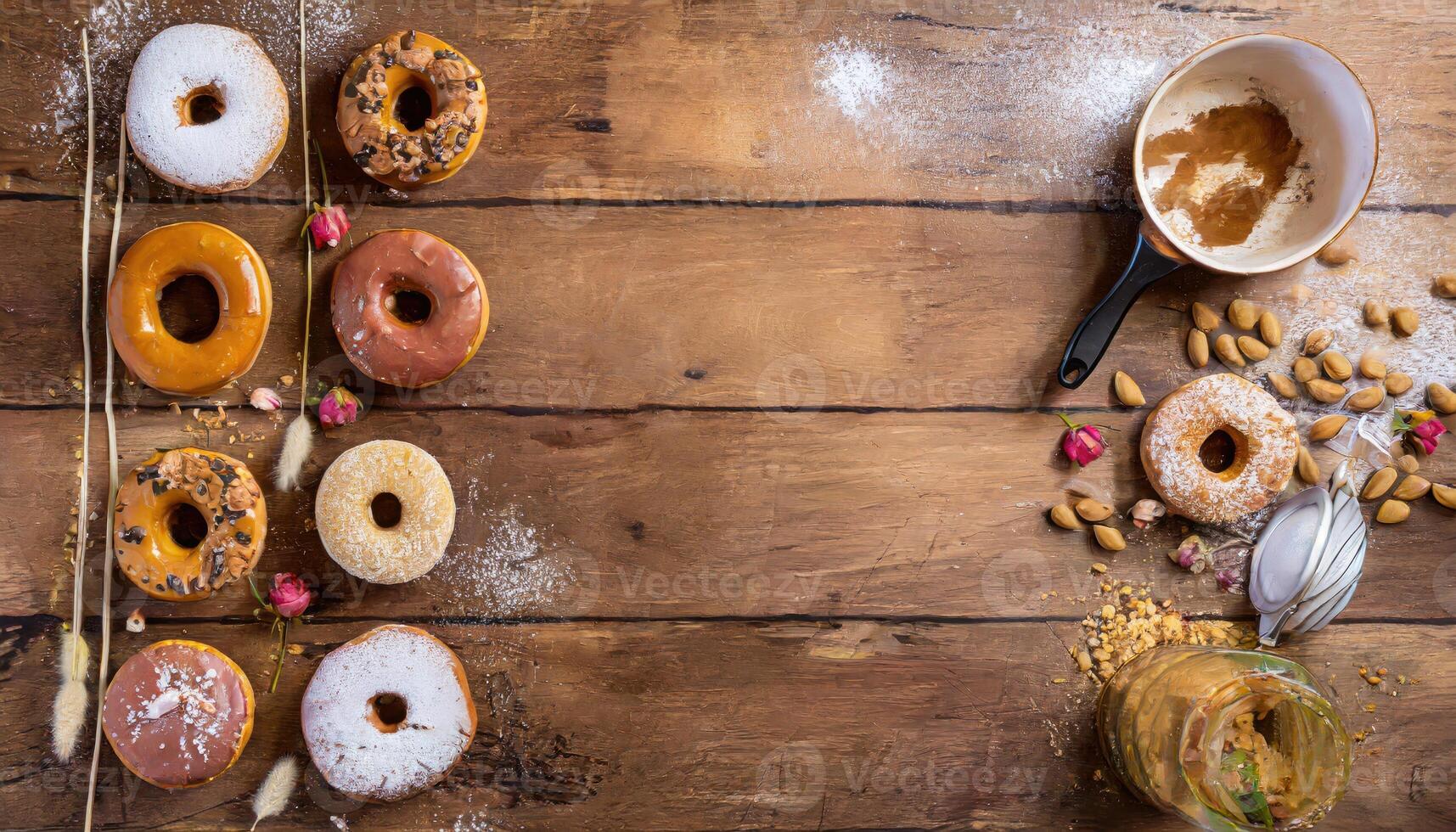 Copy Space image of Variety of donuts over a rustic background shot from overhead photo