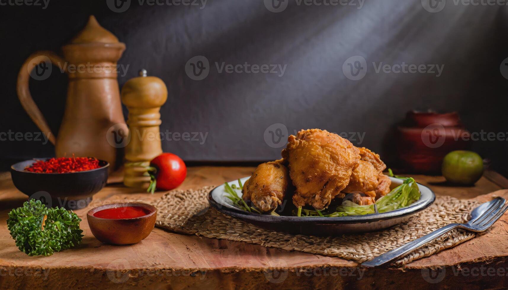 Copy Space image of Fried and Crispy Chicken Gizzards on a Rustic Wooden Table with landscape view background. photo