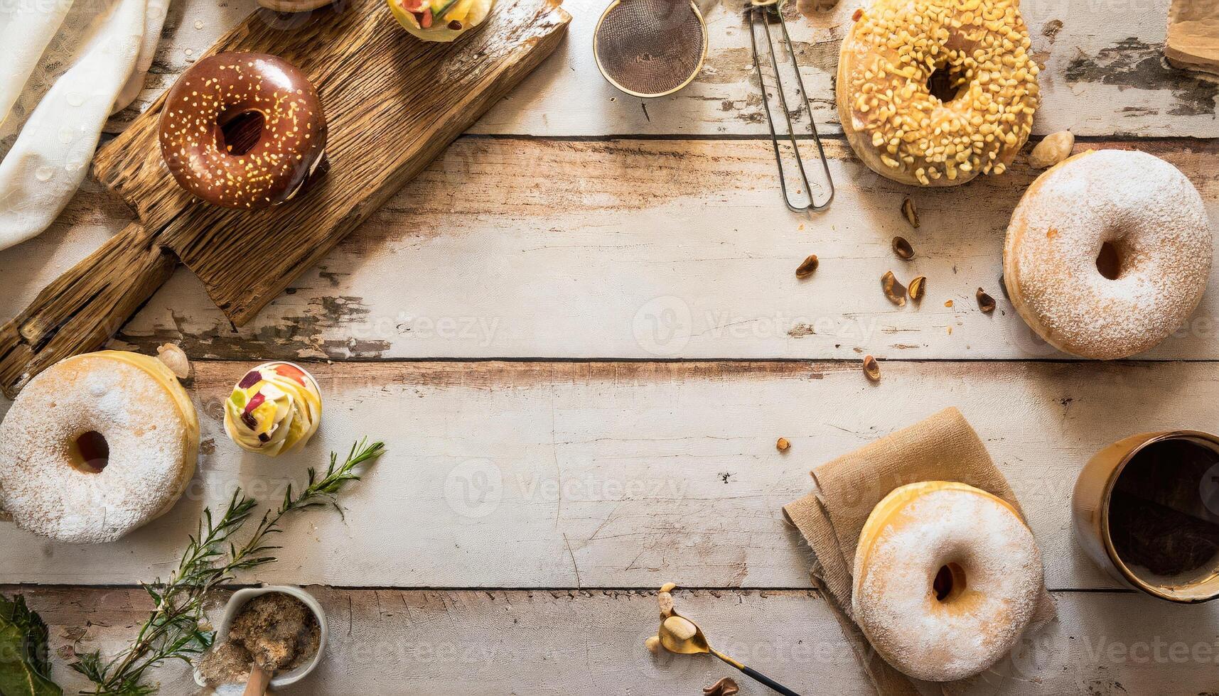 Copy Space image of Variety of donuts over a rustic background shot from overhead photo