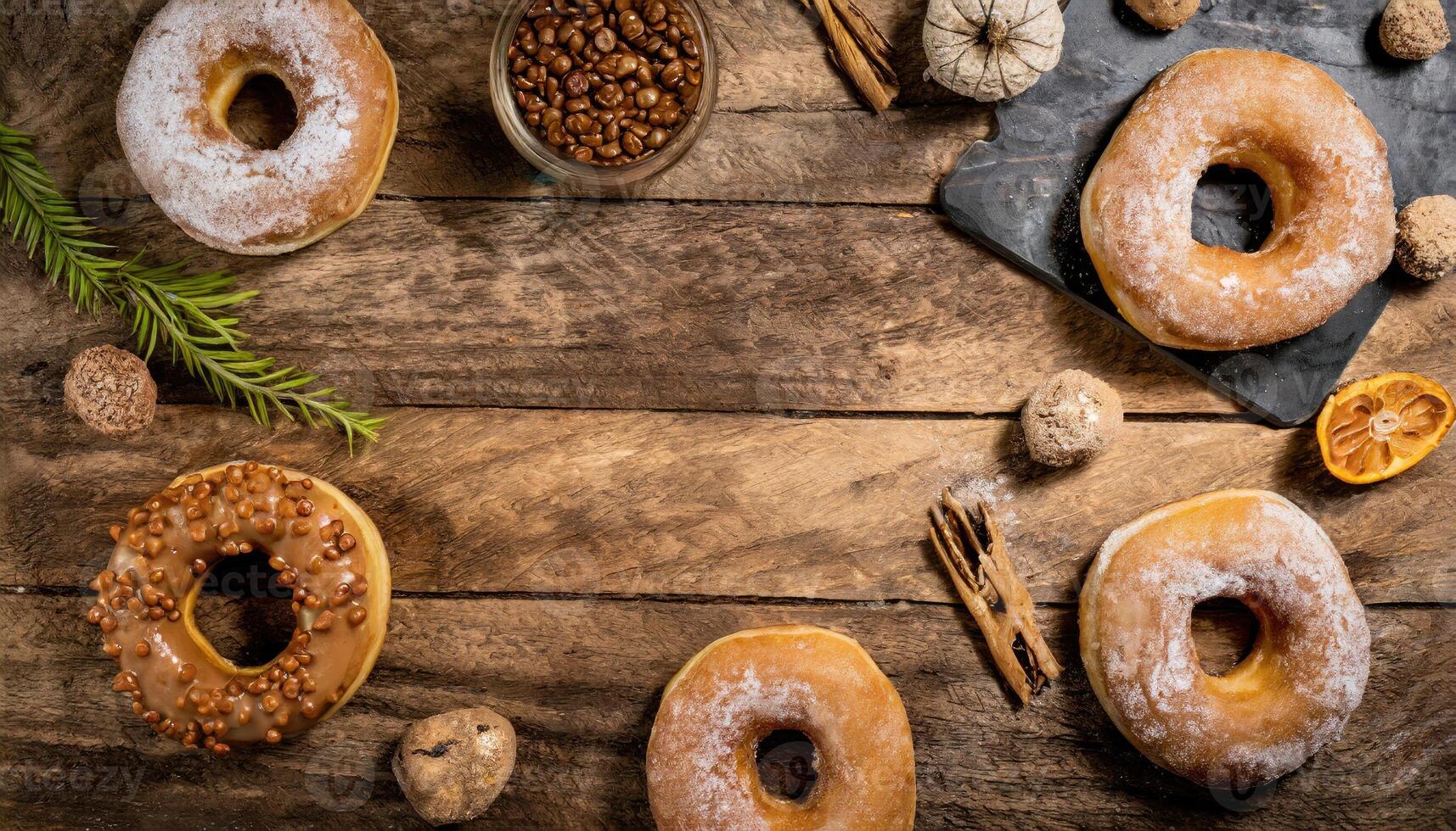 Copy Space image of Variety of donuts over a rustic background shot from overhead photo