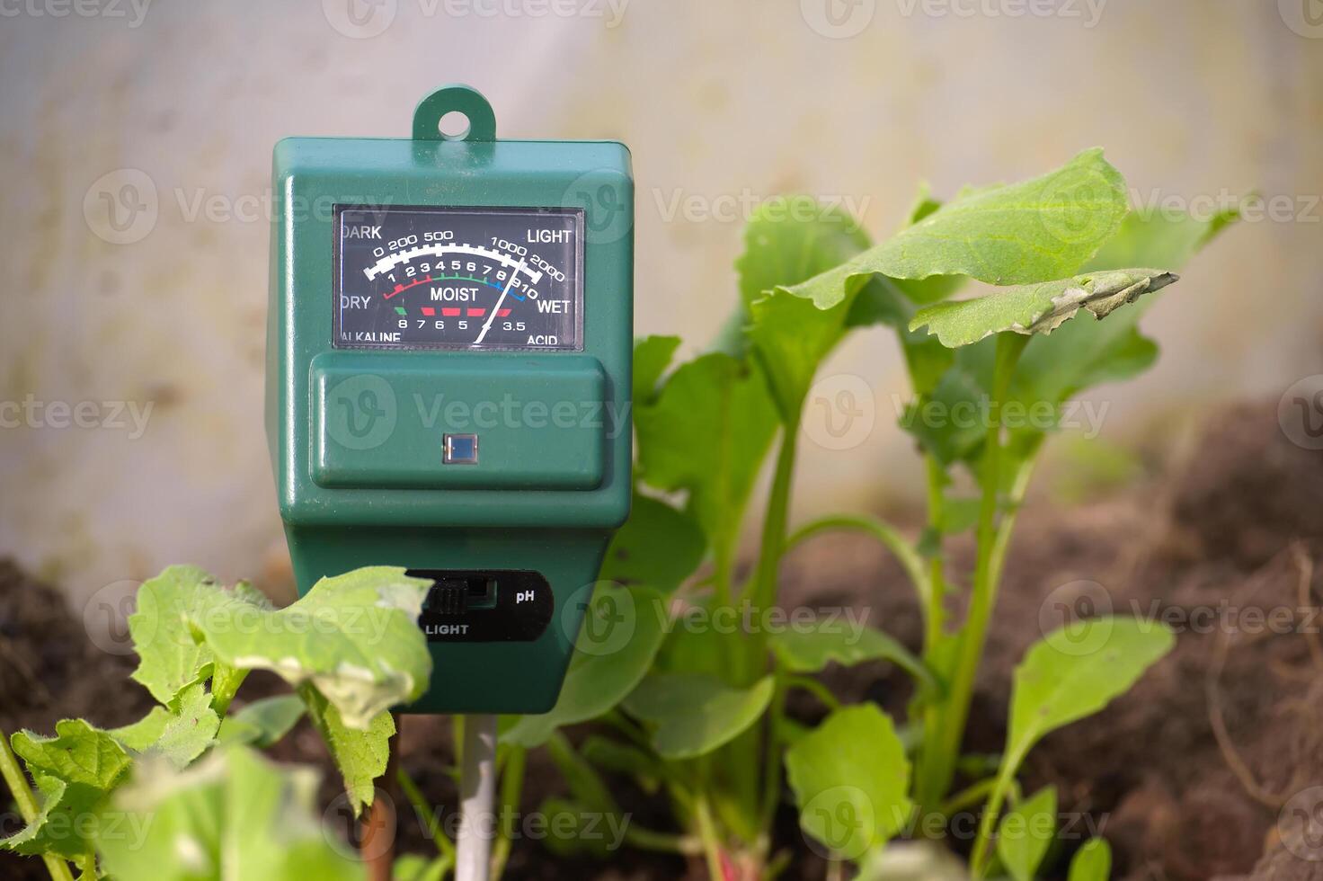 Measure soil with three way agricultural digital device photo