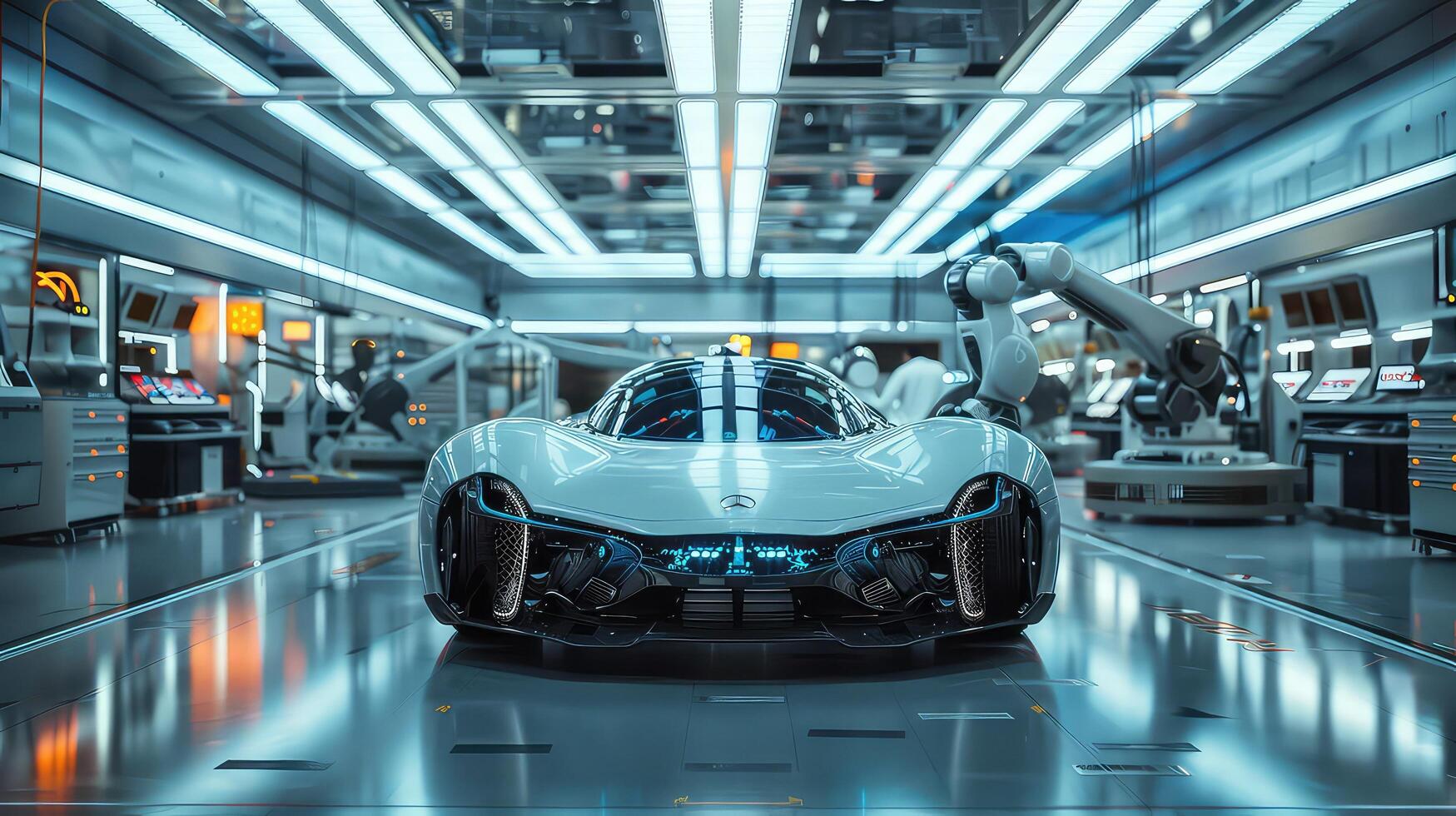 Car Factory 3D Concept Automated Robot Arm Assembly Line Manufacturing High Tech Green Energy Electric Vehicles. photo
