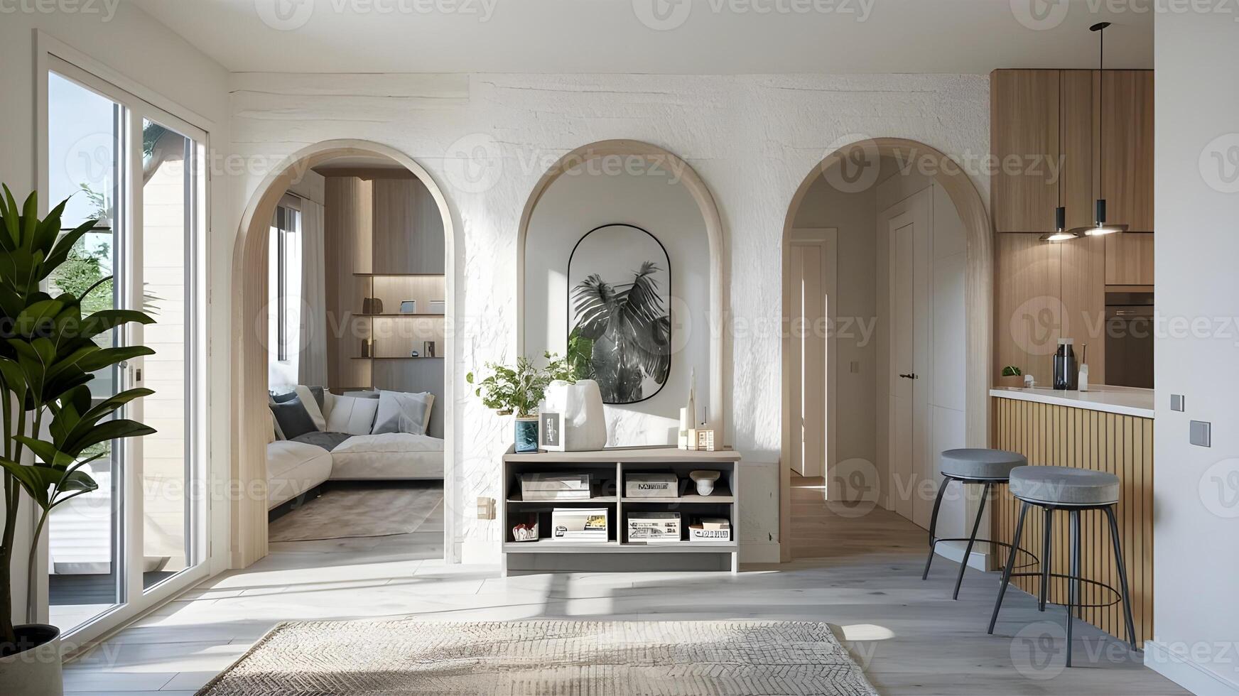 Luxury villa on the coast in the style of light filled interiors, arched doorways. photo