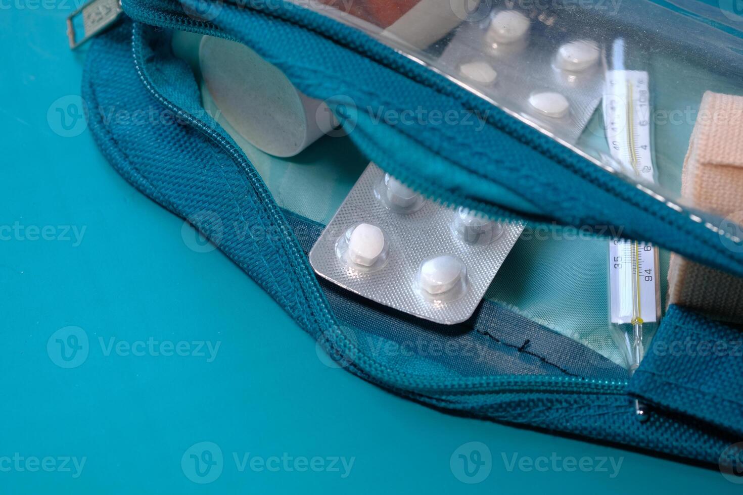 The First Aid Essentials Kit includes medication, thermometer, and bandages for healthcare needs photo