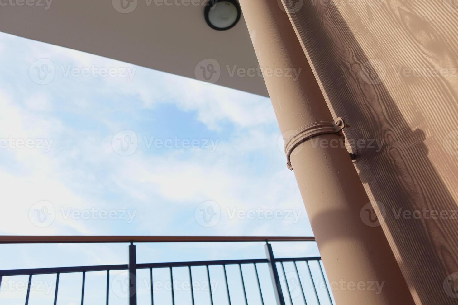 Viewing modern architectural elements from a low angle against a blue sky backdrop photo