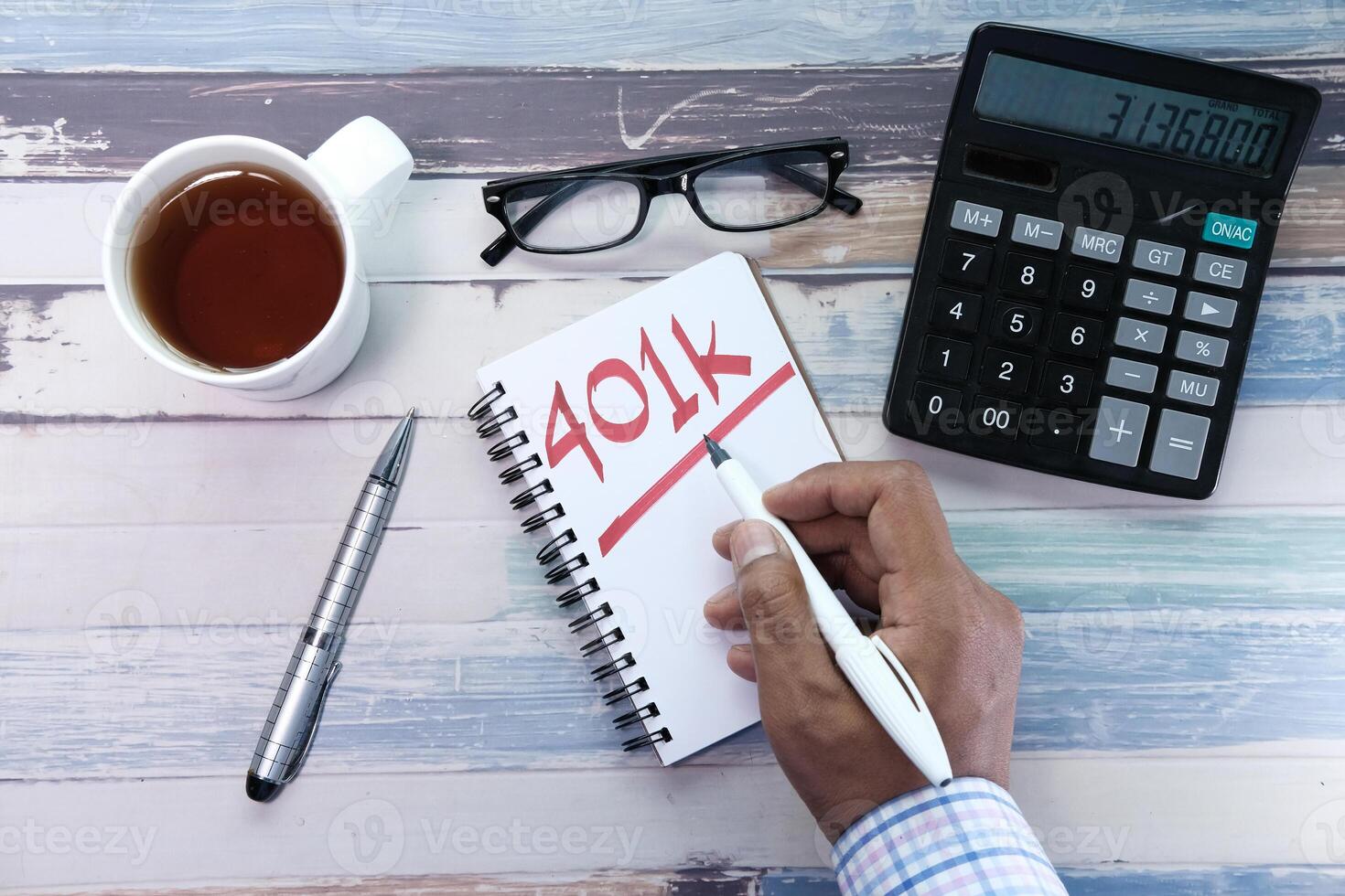 401k word on notepad with calculator and coins. photo