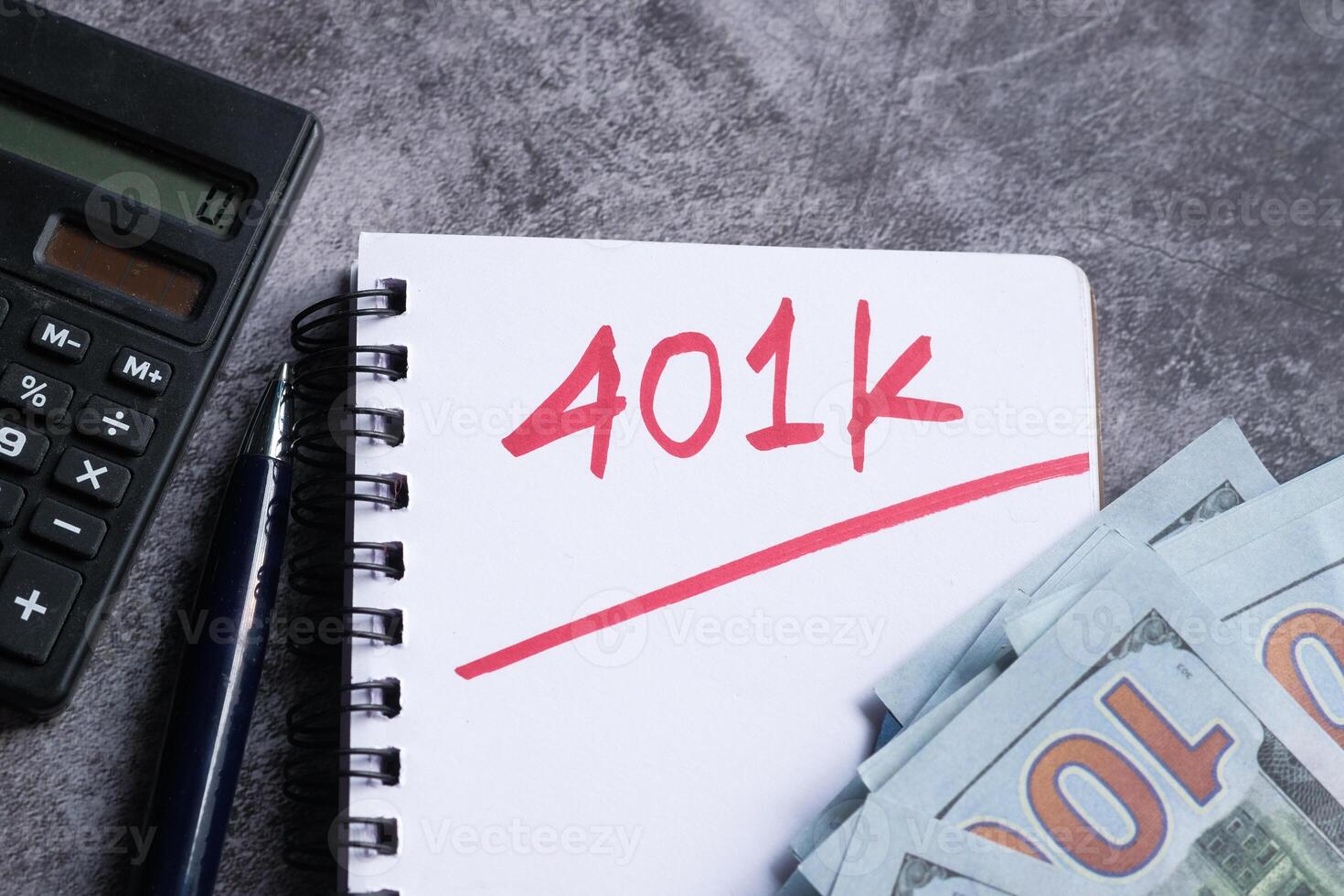 401k word on notepad with calculator and coins. photo