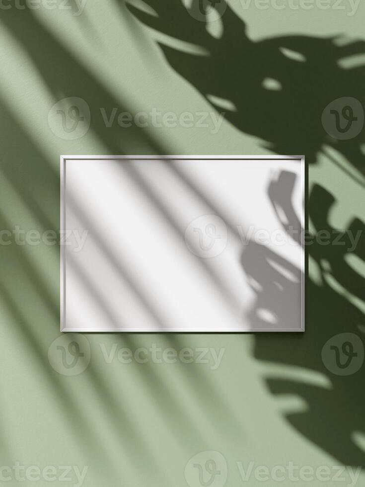 Frame mockup poster on wooden floor with soft brown wall. 3D illustrations. photo