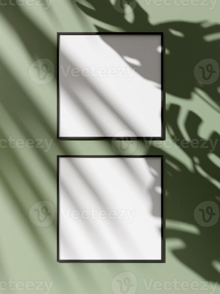 Frame mockup poster on wooden floor with soft brown wall. 3D illustrations. photo
