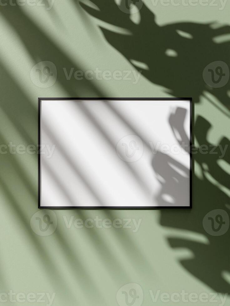 Frame mockup poster on wooden floor with soft brown wall. 3D illustrations. photo
