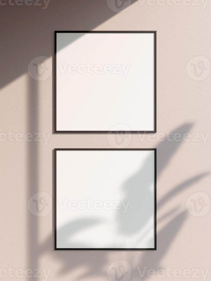 Frame mockup poster on wooden floor with soft brown wall. 3D illustrations. photo