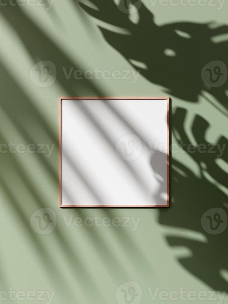 Frame mockup poster on wooden floor with soft brown wall. 3D illustrations. photo