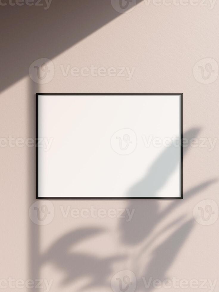 Frame mockup poster on wooden floor with soft brown wall. 3D illustrations. photo