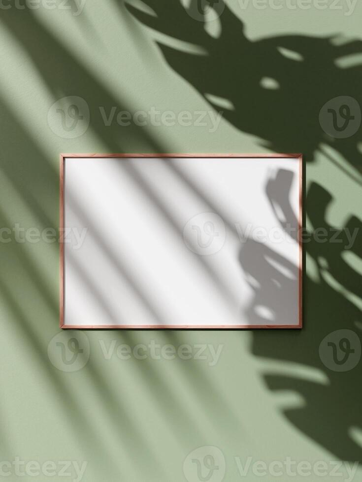 Frame mockup poster on wooden floor with soft brown wall. 3D illustrations. photo