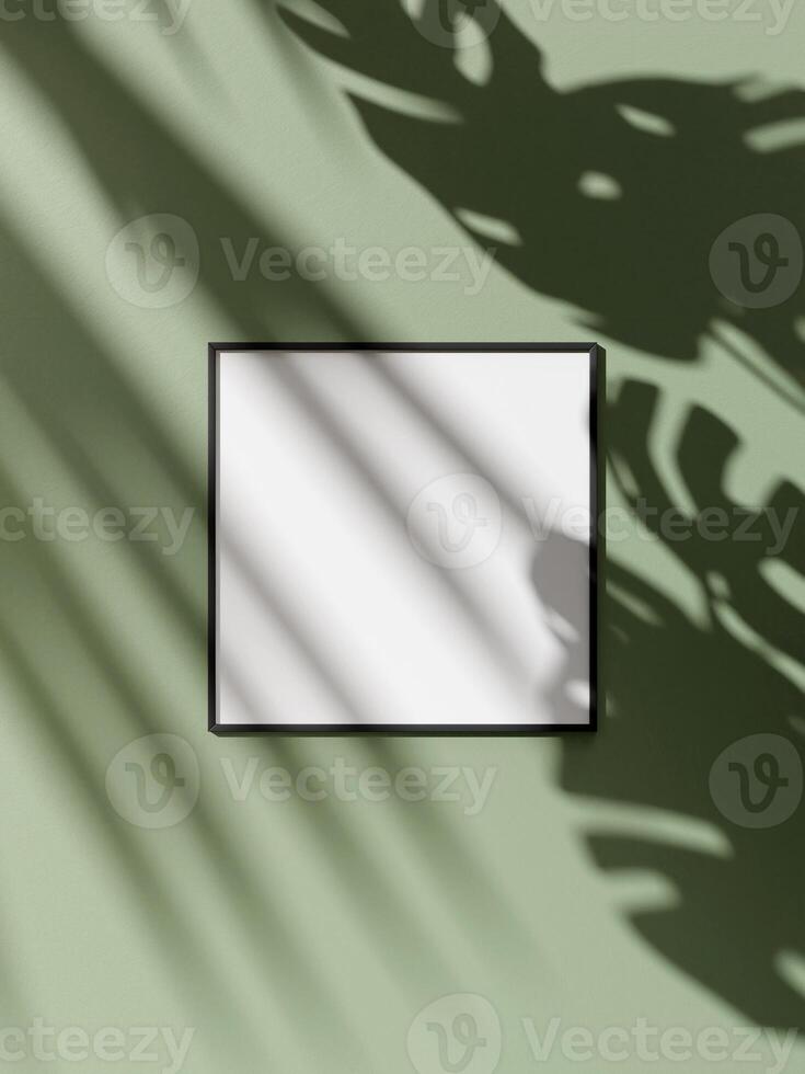 Frame mockup poster on wooden floor with soft brown wall. 3D illustrations. photo