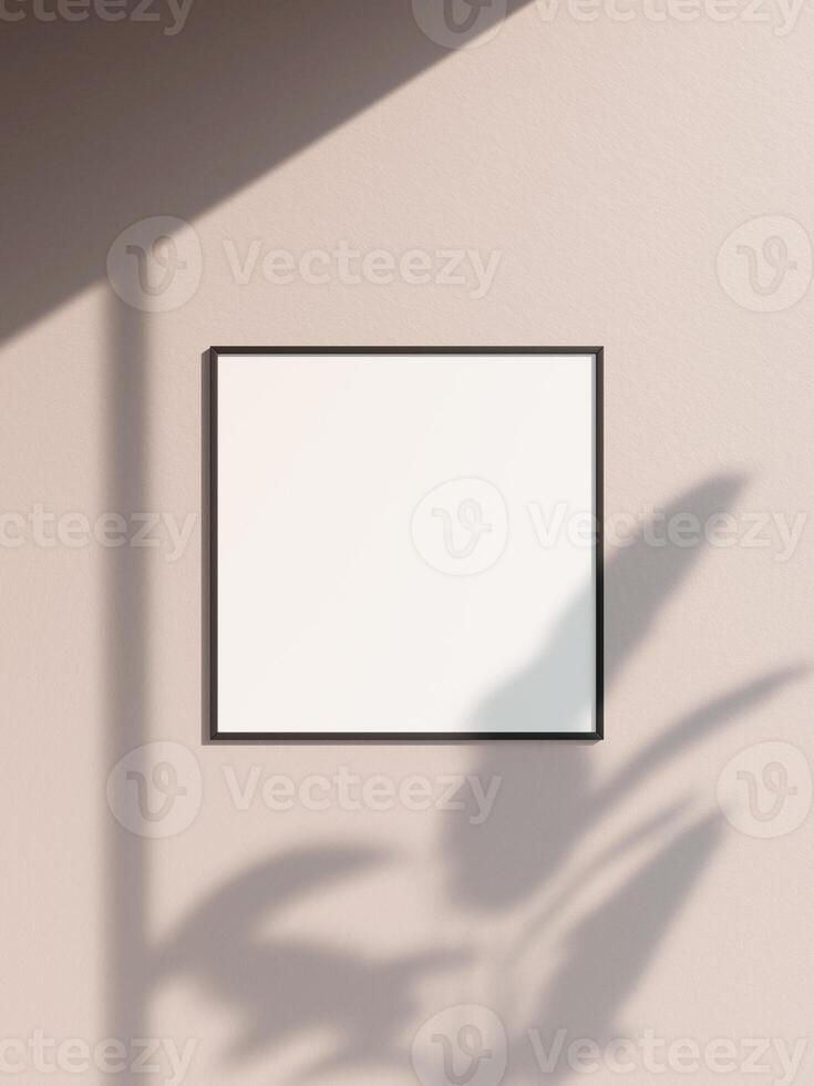 Frame mockup poster on wooden floor with soft brown wall. 3D illustrations. photo