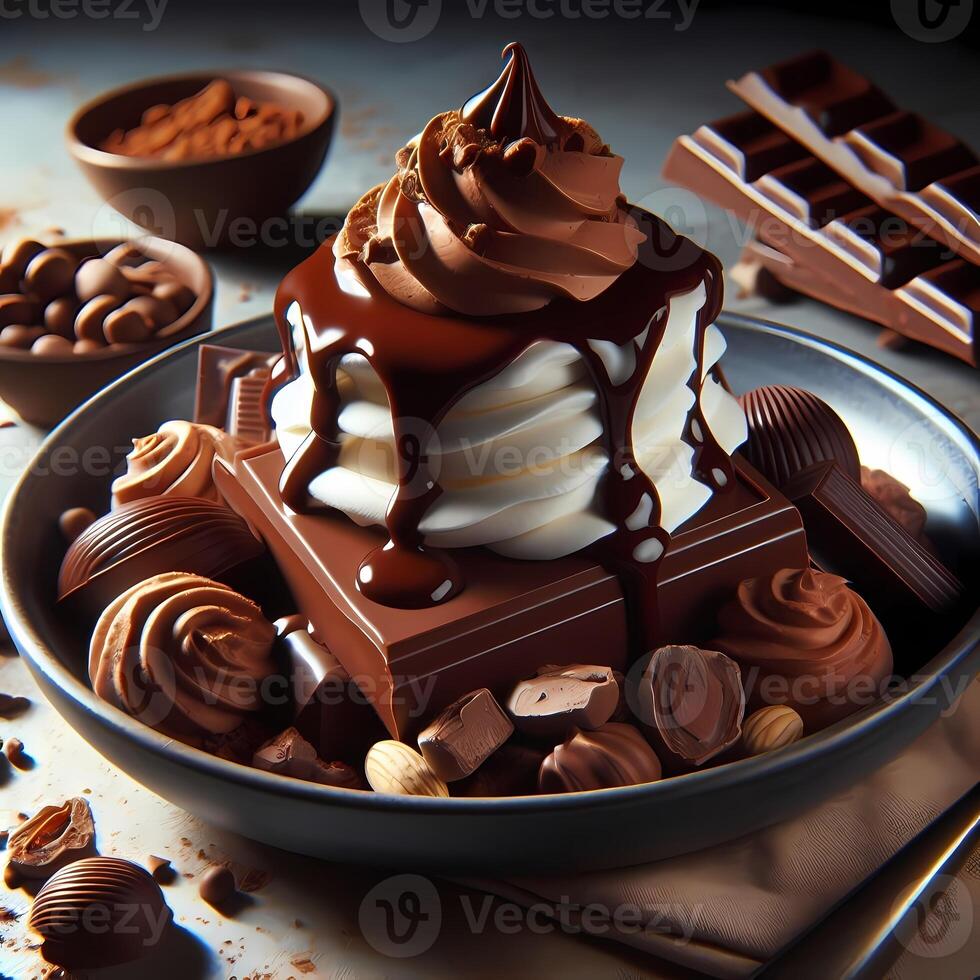 Chocolate dessert with liquid chocolate splash and melting chocolate photo