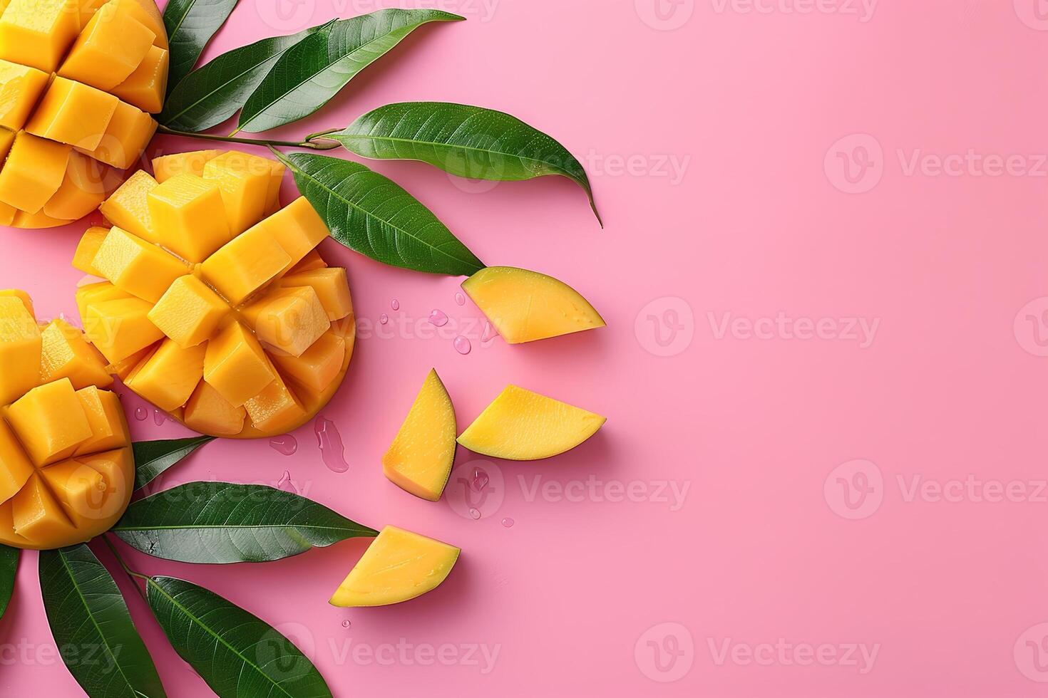 top view template with delicious ripe sliced mango fruits on pink background with copy space photo
