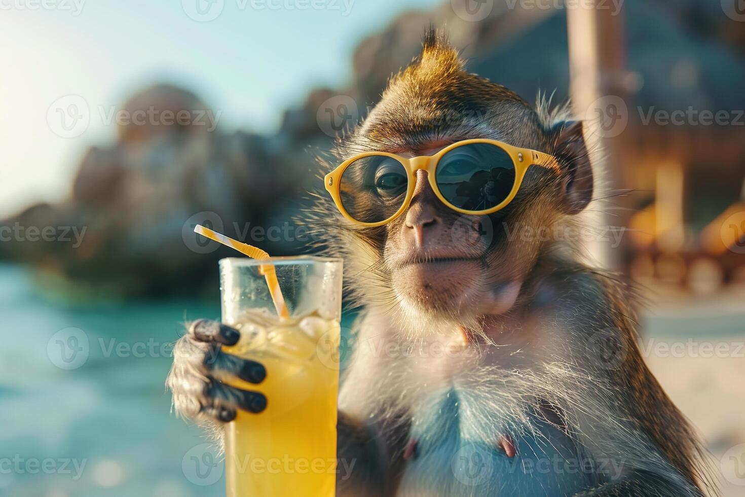 cool monkey in yellow sunglasses drinks a refreshing cocktail at a seaside resort photo