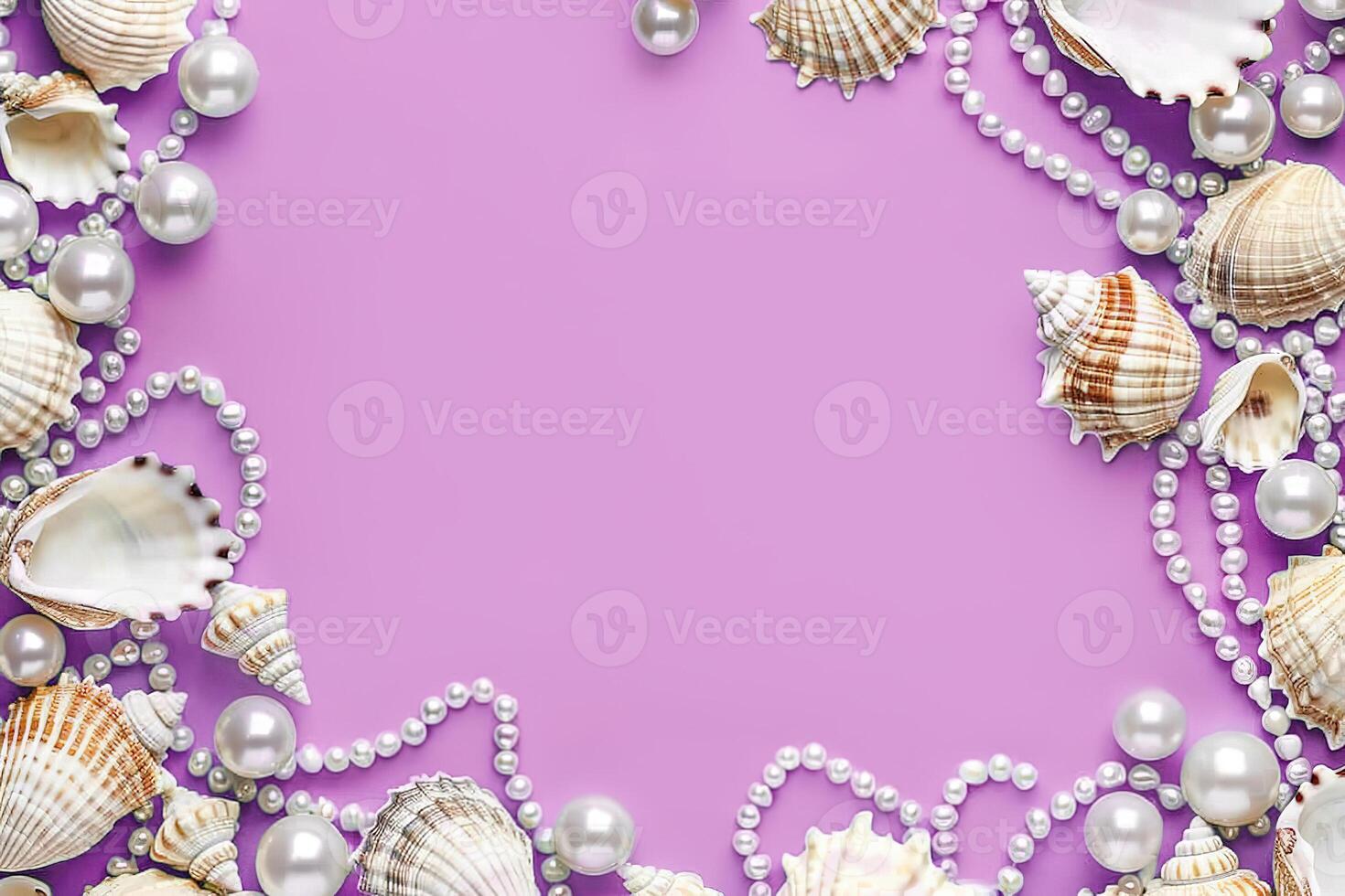 border frame template of various shells and pearls on light blue background top view with copy space photo