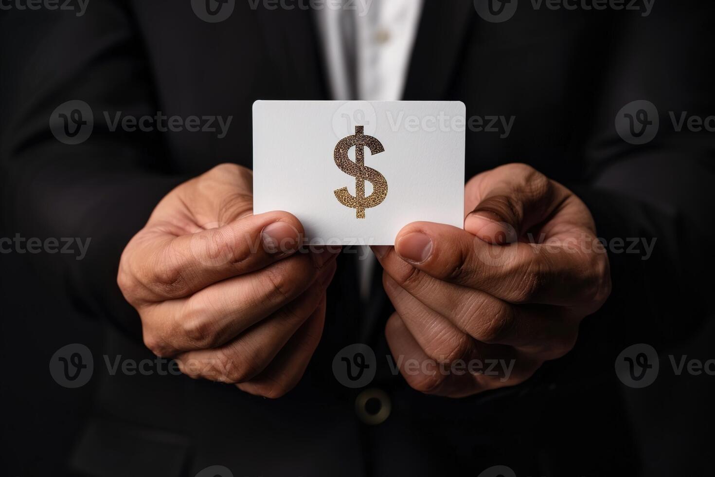 closeup hands of man in a business suit holding a card with a dollar sign on it photo