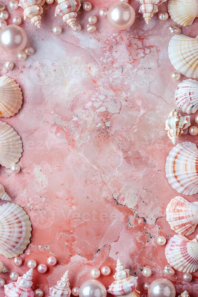 vertical border frame template of various shells and pearls on pink marble background top view with copy space photo